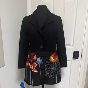 Desigual Black Coat with Colorful Floral Design